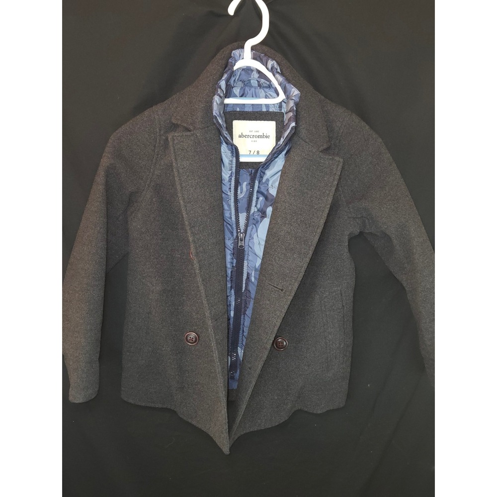 Abercrombie Kids Gray Double Breasted Pea Coat Jacket Blue‎ Camo Lining Size 7/8